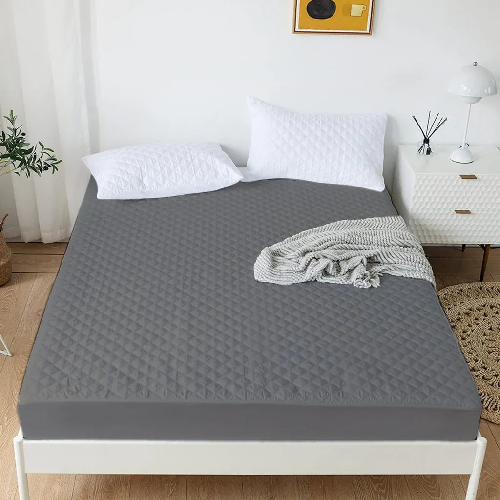 Cotton Quilted Waterproof Mattress Cover | Grey Color | for Kids Adults, Washable Hypoallergenic Mattresses cover Fit Up To 6-12 inch Deep Pocket Queen & King Size